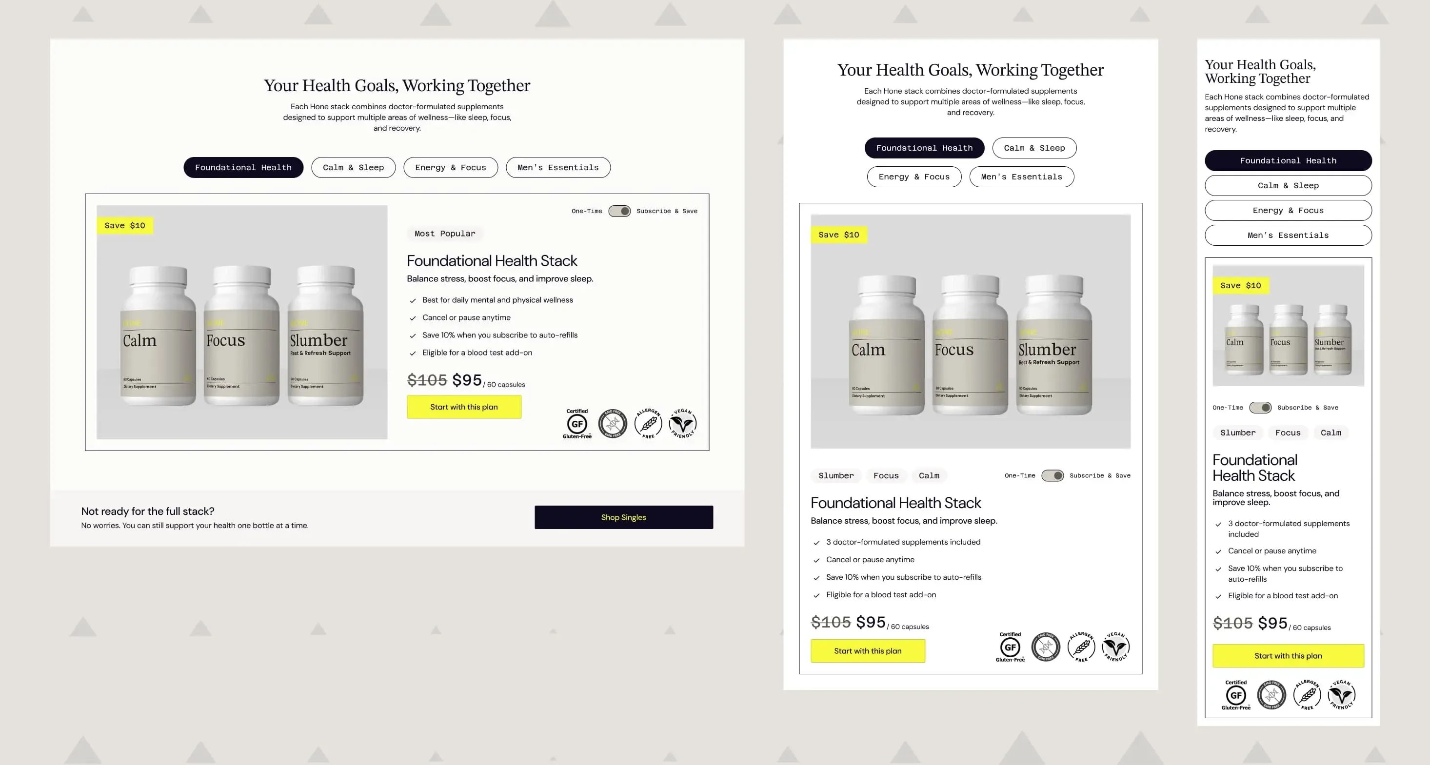 Product selector section in desktop, tablet, and mobile view