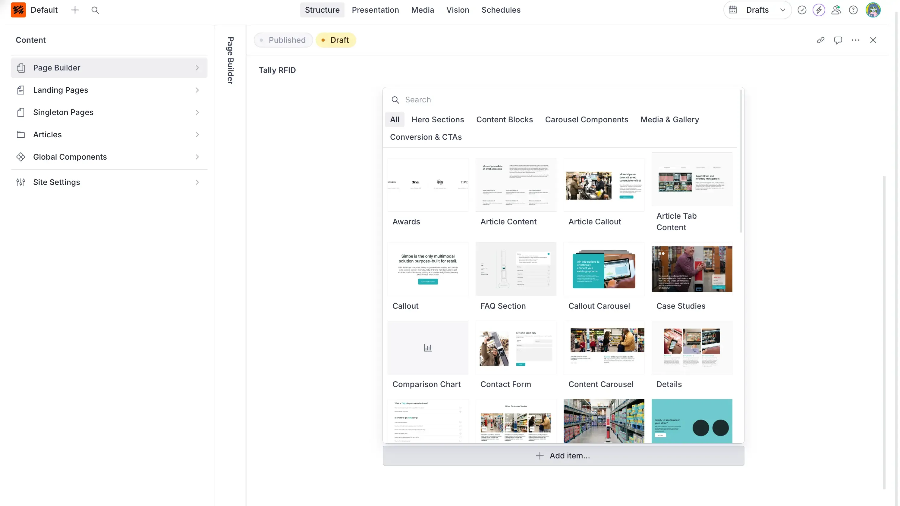 Screenshot of component selection inside of sanity studio