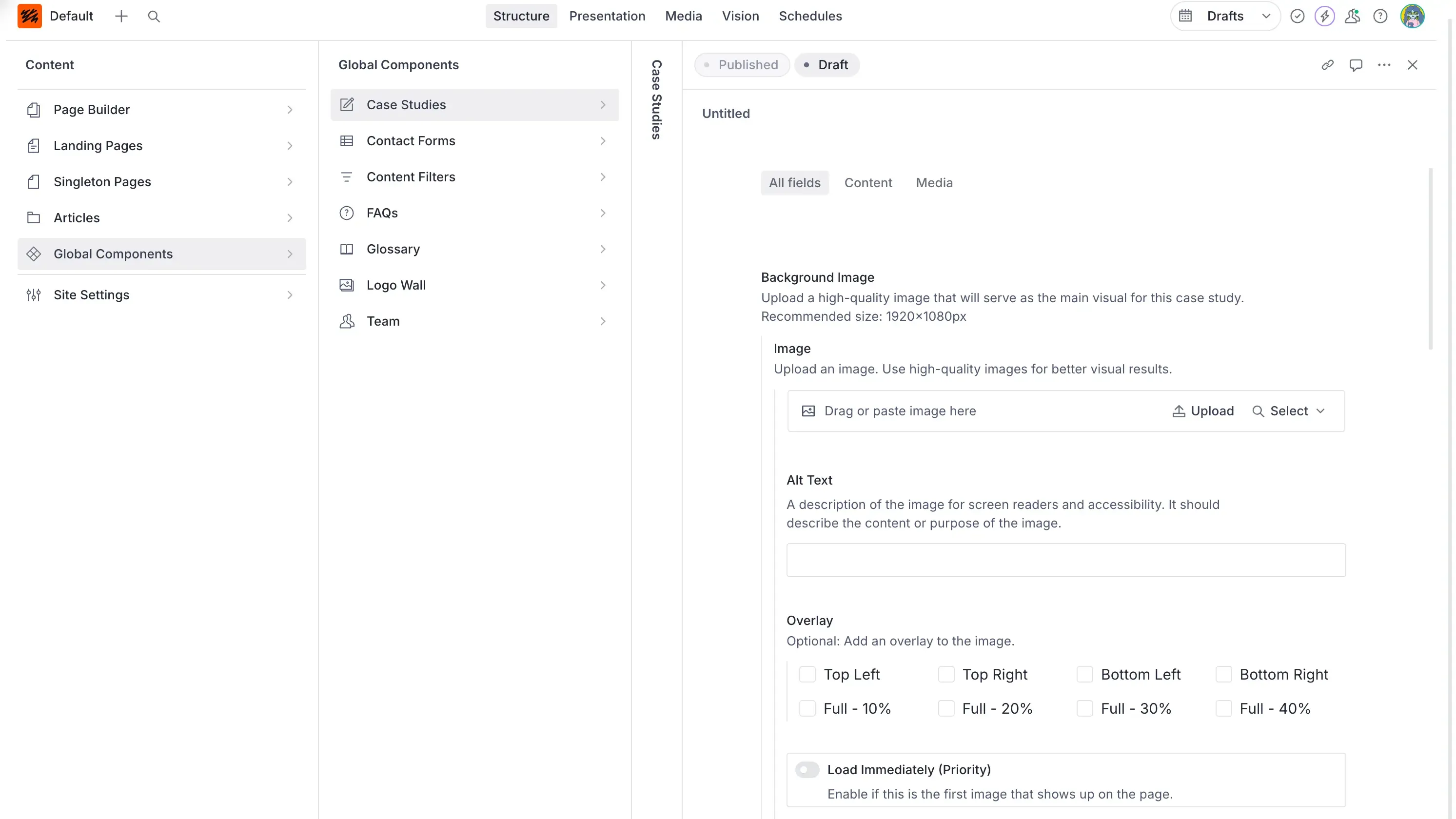 Screenshot of global components inside of sanity studio