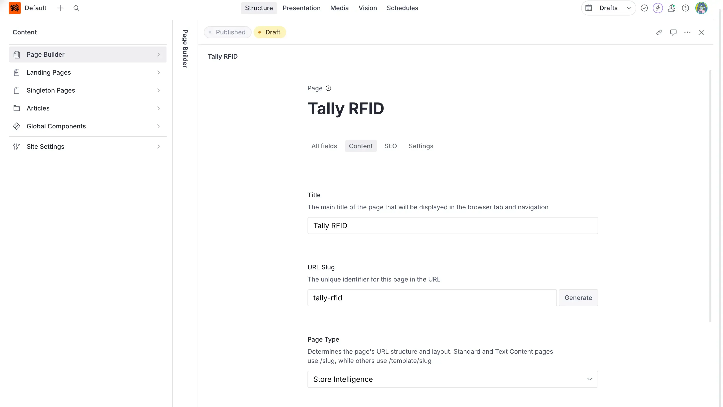 Screenshot of page builder inside of sanity studio