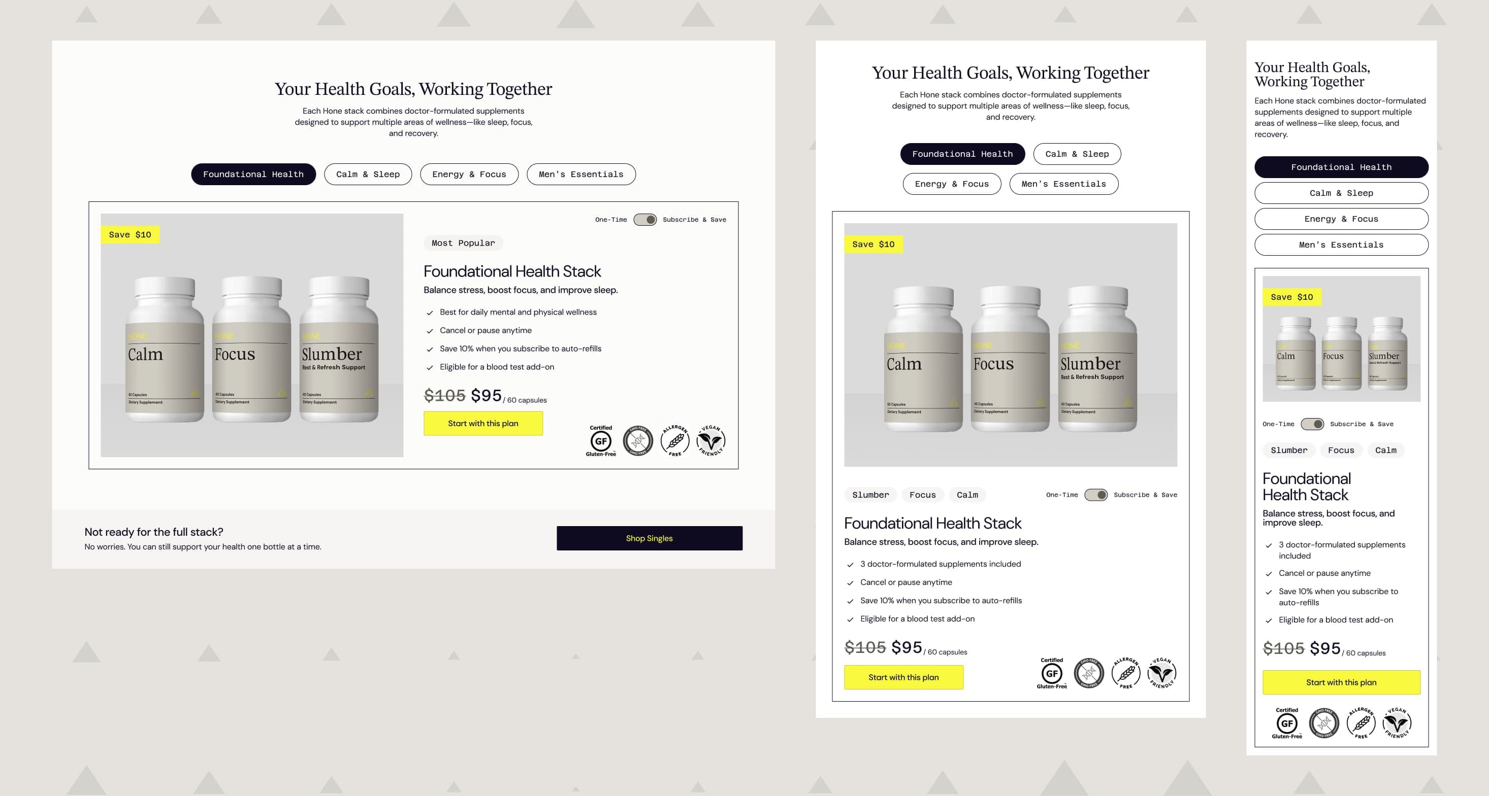 This section not only simplifies user decisions but also subtly drives subscriptions. Future A/B tests could compare bundles vs. a traditional product filter layout, and geo-based personalization could optimize the blood test CTA messaging for better conversion.