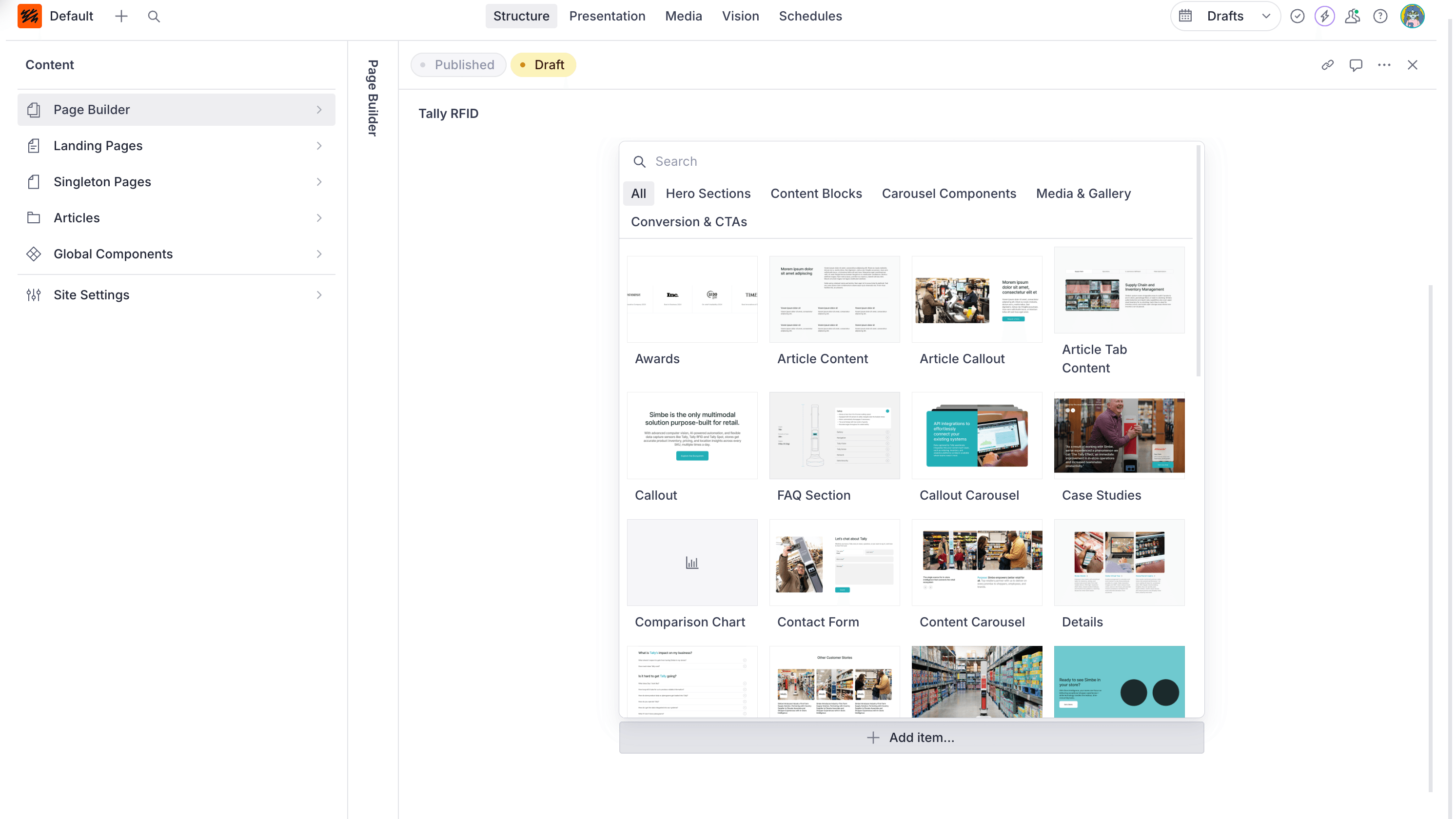 Editors can choose from a curated library of components when creating new pages, ensuring brand consistency while still leaving room for customization.