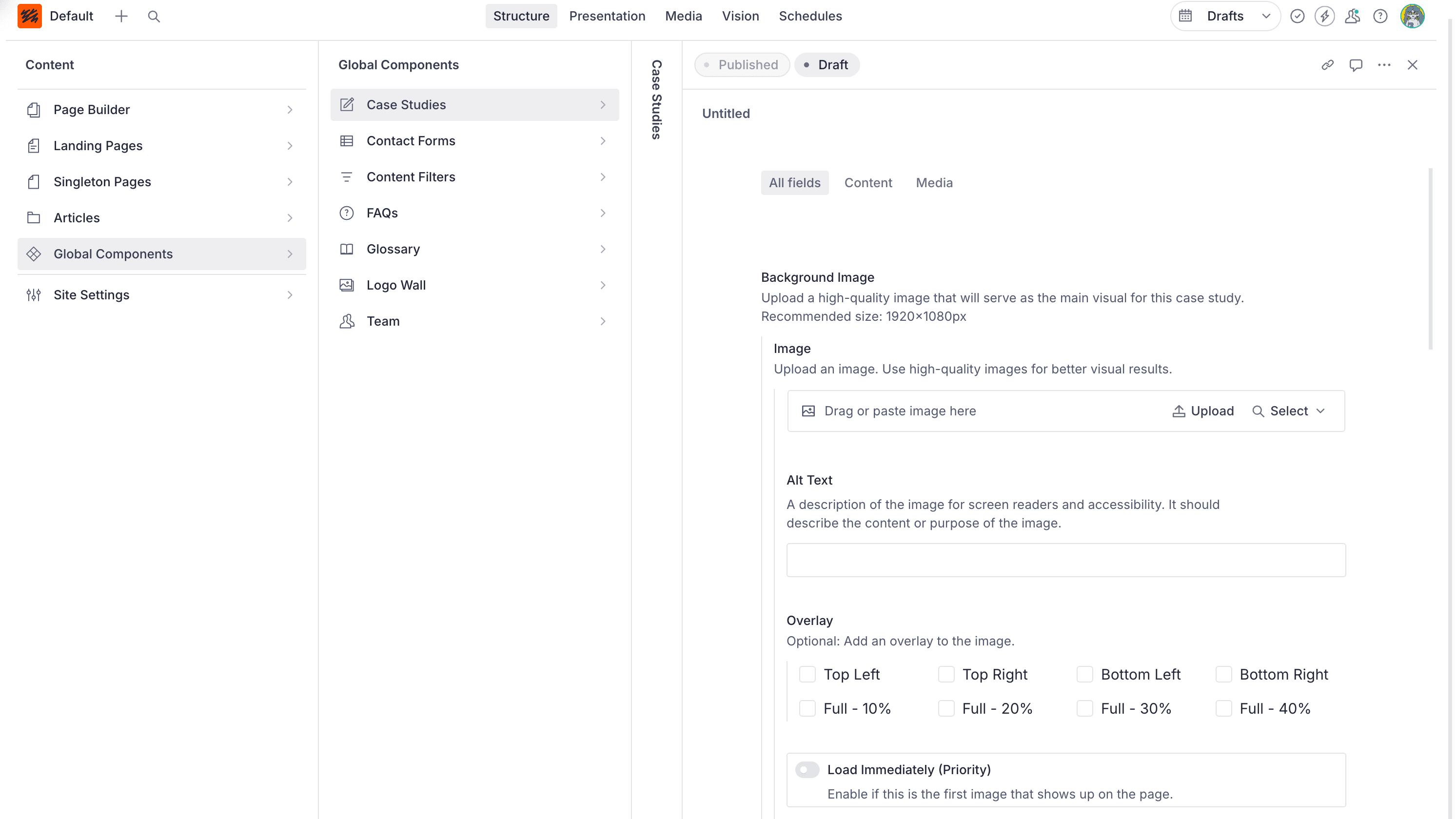 The system also supports global components—elements like case studies, Contact Forms, and FAQs—that can be updated once and reflected sitewide. This structure reduced the need for developer intervention and gave the client the confidence to manage content independently.